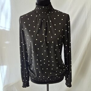 Karl Lagerfeld women M black polka dot blouse mock neck long sleeve, 3/4 zipper